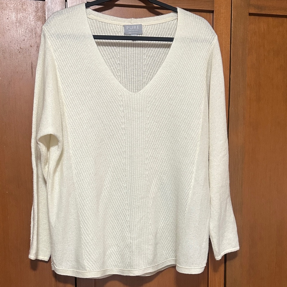 Pure Collection Cream V-Neck Ribbed Knit Sweater
